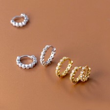 Pair Sterling Silver Round CZ Huggie Hoop Sleeper Earrings A4073