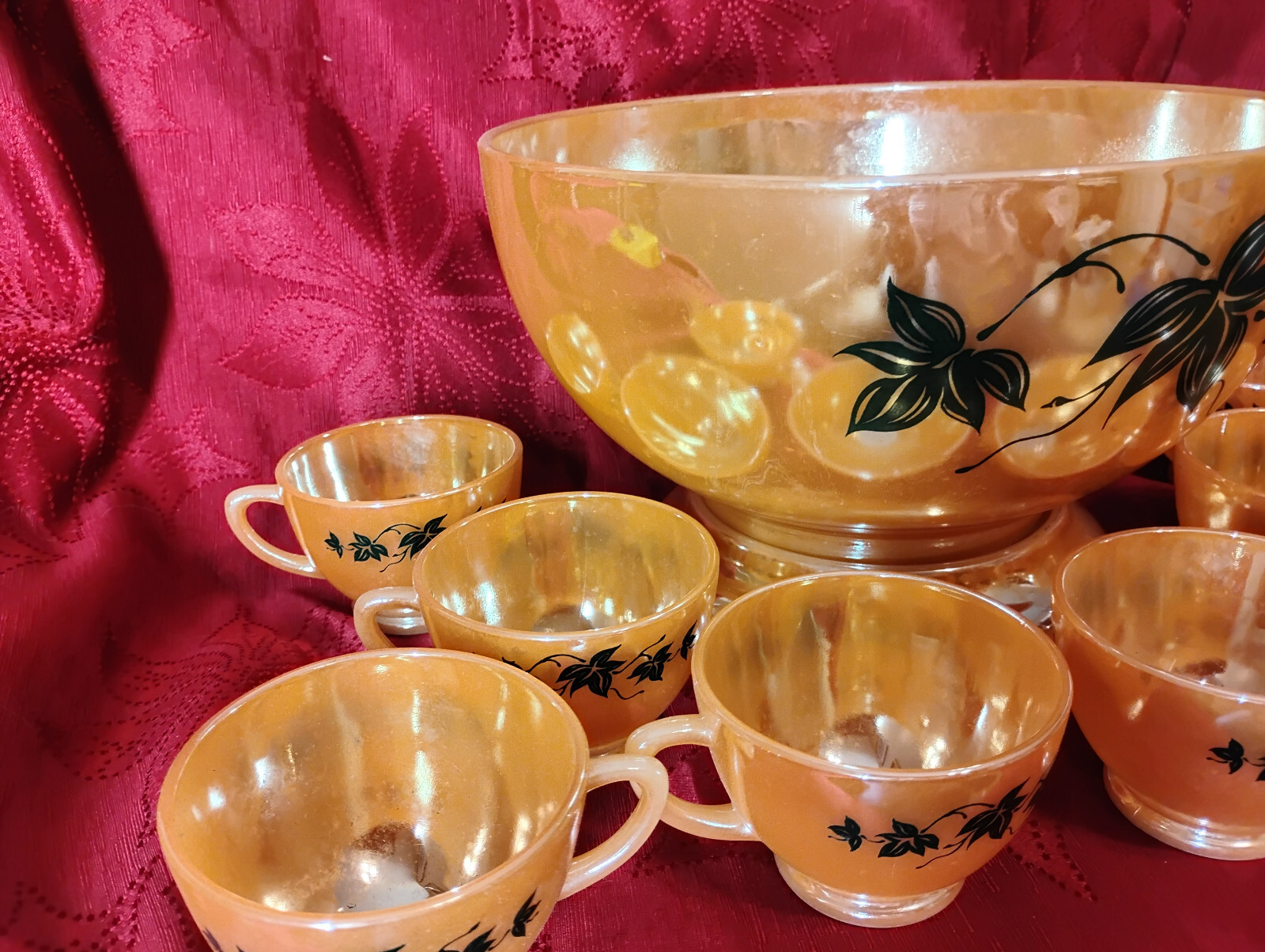 Fire King Anchor Hocking Peach Lustre Ivy Punch Bowl Set With 8 Cups  With Stand