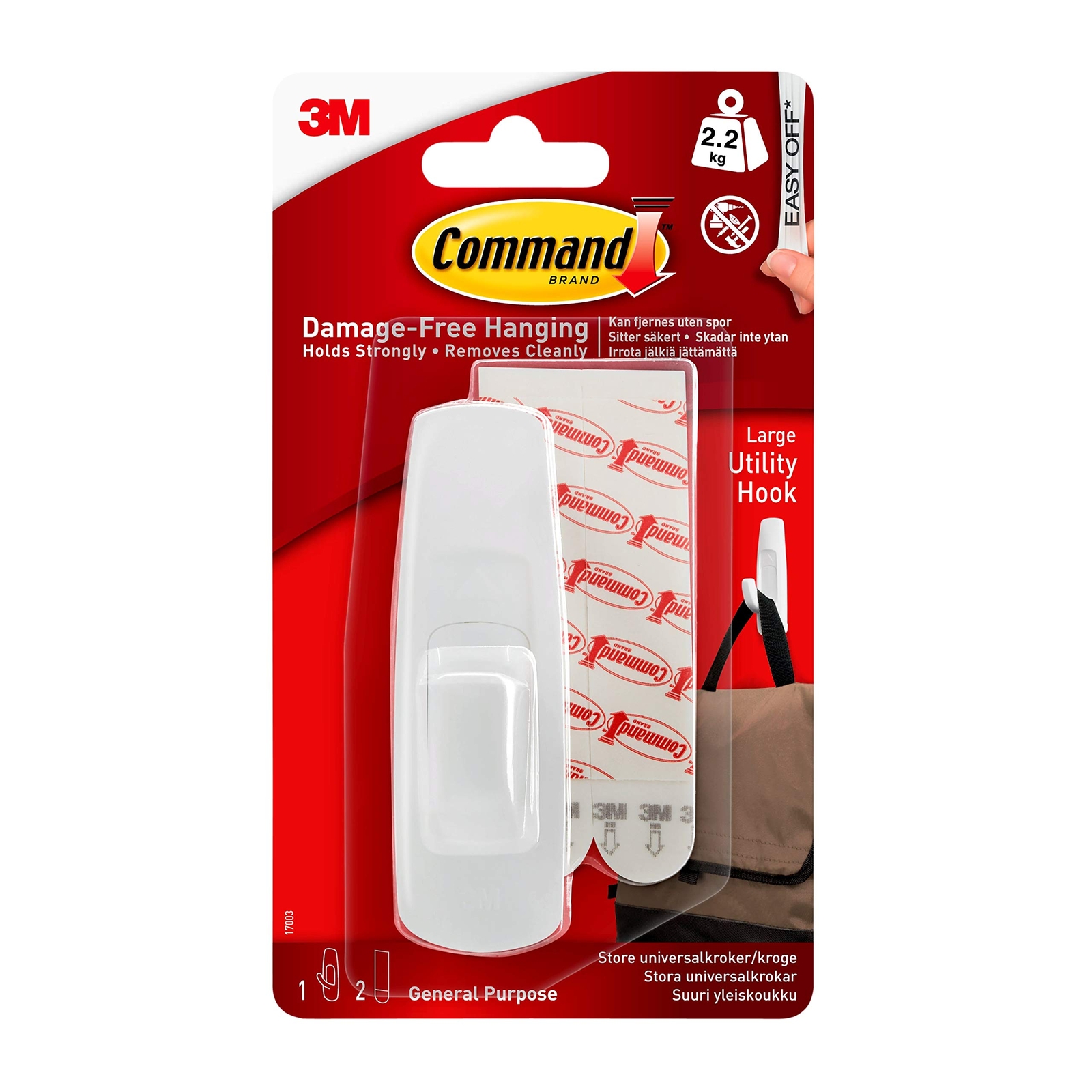 Command Large Utility Hook, Pack of 1 Hook and 2 Adhesive Strips, White - Damage