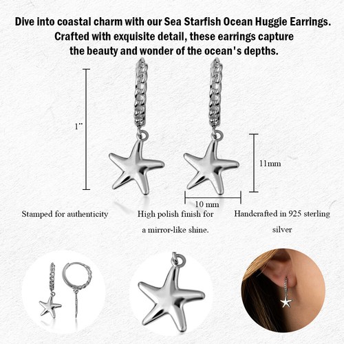 .925 Sterling Silver Sea Starfish Ocean Cuban Link Huggie Earrings - 第 5/5 張圖片