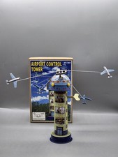 Airport Control Tower Wind Up Tin Toy Airplane Playset Blue Yellow Boxed MS 469