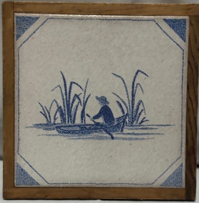 Vintage Ceramiche Piemme Italy Framed Tile - Blue Transferware Canoe Scene