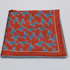 Seaward  Stearn NWOT 100 Silk Pocket Square In Orange with Blue Dog Print