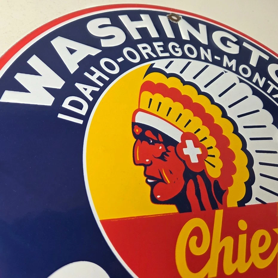 Vintage Washington Gasoline Sign - Indian Chief Gas Porcelain Service Pump Sign - Image 4 of 4