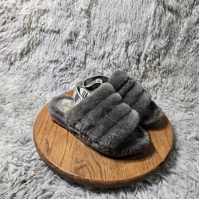 UGG Australia Grey Slides Fluff Yeah Women Size 8 Sheepskin Elastic Comfy Winter