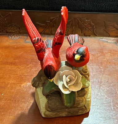Vintage Red Cardinal Birds Figurine Pair on Log with Rose Hand Painted Ceramic