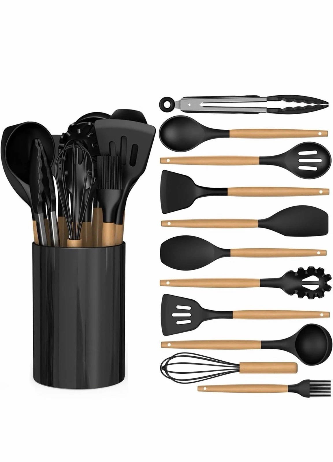 12 PCS Silicone Cooking Utensils Set with Wooden Handle, Kitchen Utensil Set