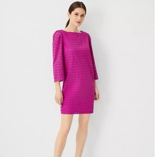 Ann Taylor Eyelet Boatneck Shift Mini Dress Size XS Magenta Pink Cotton