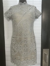 boohoo Gray Crochet Shift Dress with High Neck Short Sleeve Zip (10)