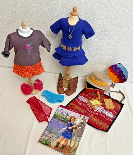 American Girl Doll SAIGE 18 pc LOT MEET OUTFIT PJs Book Tamales Picnic Necklace+