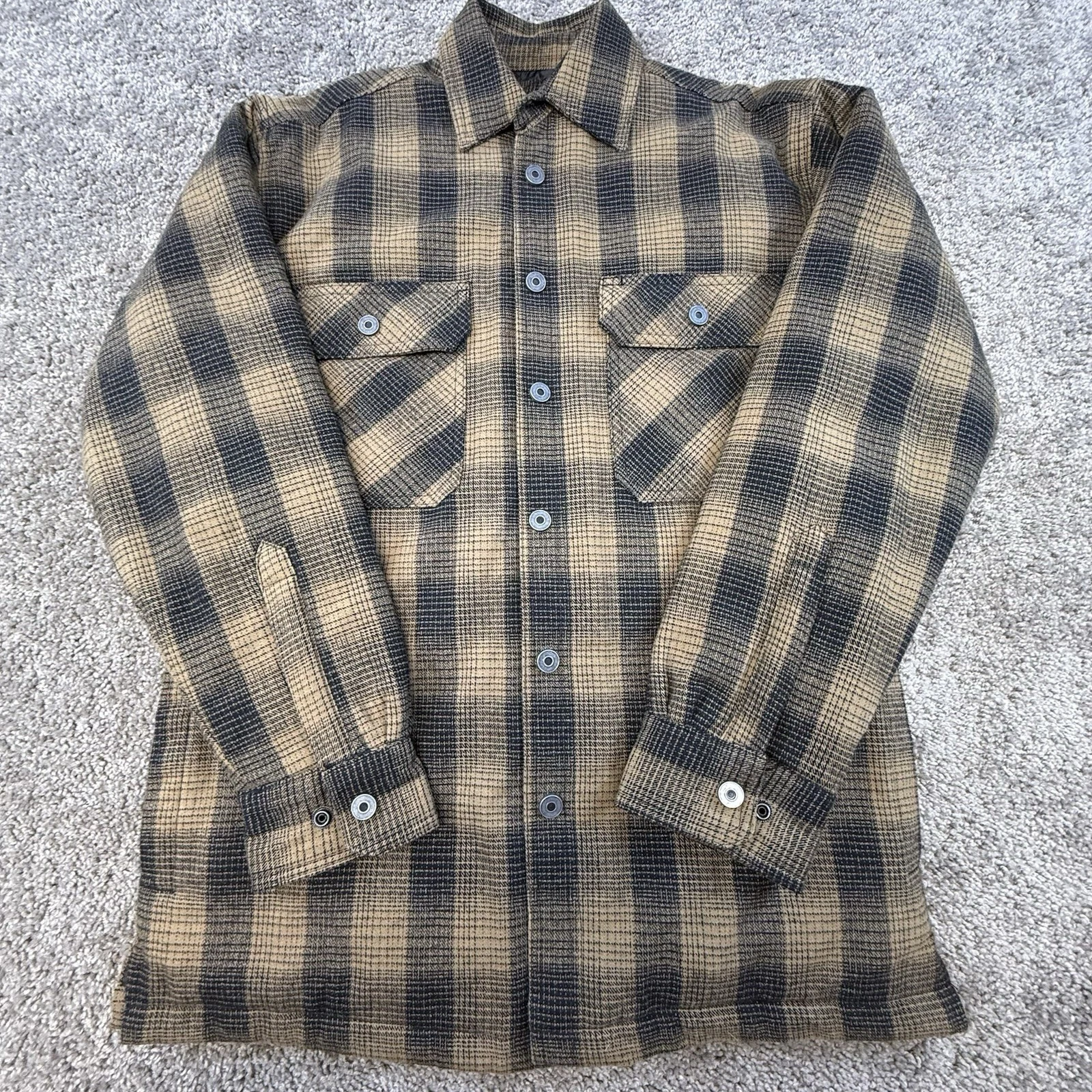 Work N Sport Flannel Coat Men's Small Tan/Black Striped Collared Full Snap Warm