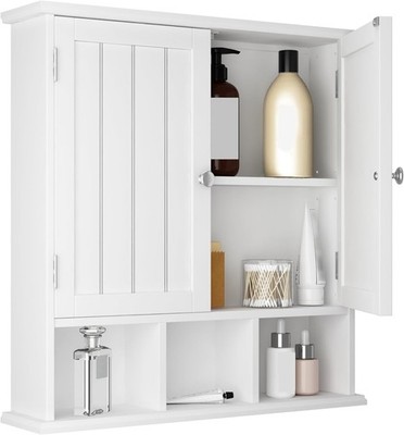 Bathroom Cabinet Wall Mounted 2-Door W/ 3 Open Shelves Wooden Medicine Cabinets