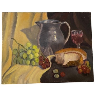 Original Oil Painting Bread Wine Grapes Still Life Unframed Unsigned 11'' x 14''