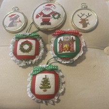 Vintage Cross Stitch Needlepoint Handcrafted Christmas Tree Ornaments Set of 6