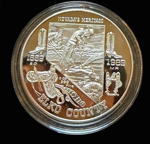 1869-1989 Elko County, Nevada 2 ozt .999 Silver Proof w/Gold Nugget #120 of 500