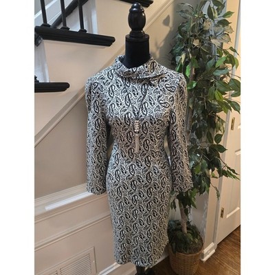 Vintage FF Collection Knit Dress Women's 11 Black White Long Sleeves Mock Neck 