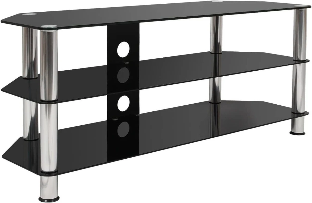 TV Stand Black Glass Shelving Unit Silver Legs For LCD OLED LED