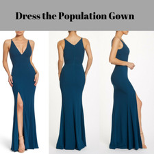 NWT 288 Dress the Population Iris Slit Crepe Gown Peacock Blue Large e452