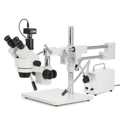 Amscope 3.5X-90X Zoom Stereo Boom Microscope +Dual LED Fiber Light +1.3MP Camera