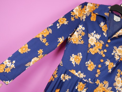 VINTAGE 70s 80s Blue Orange collar Floral mod geek Retro Midi Dress Medium 12 - Picture 9 of 12