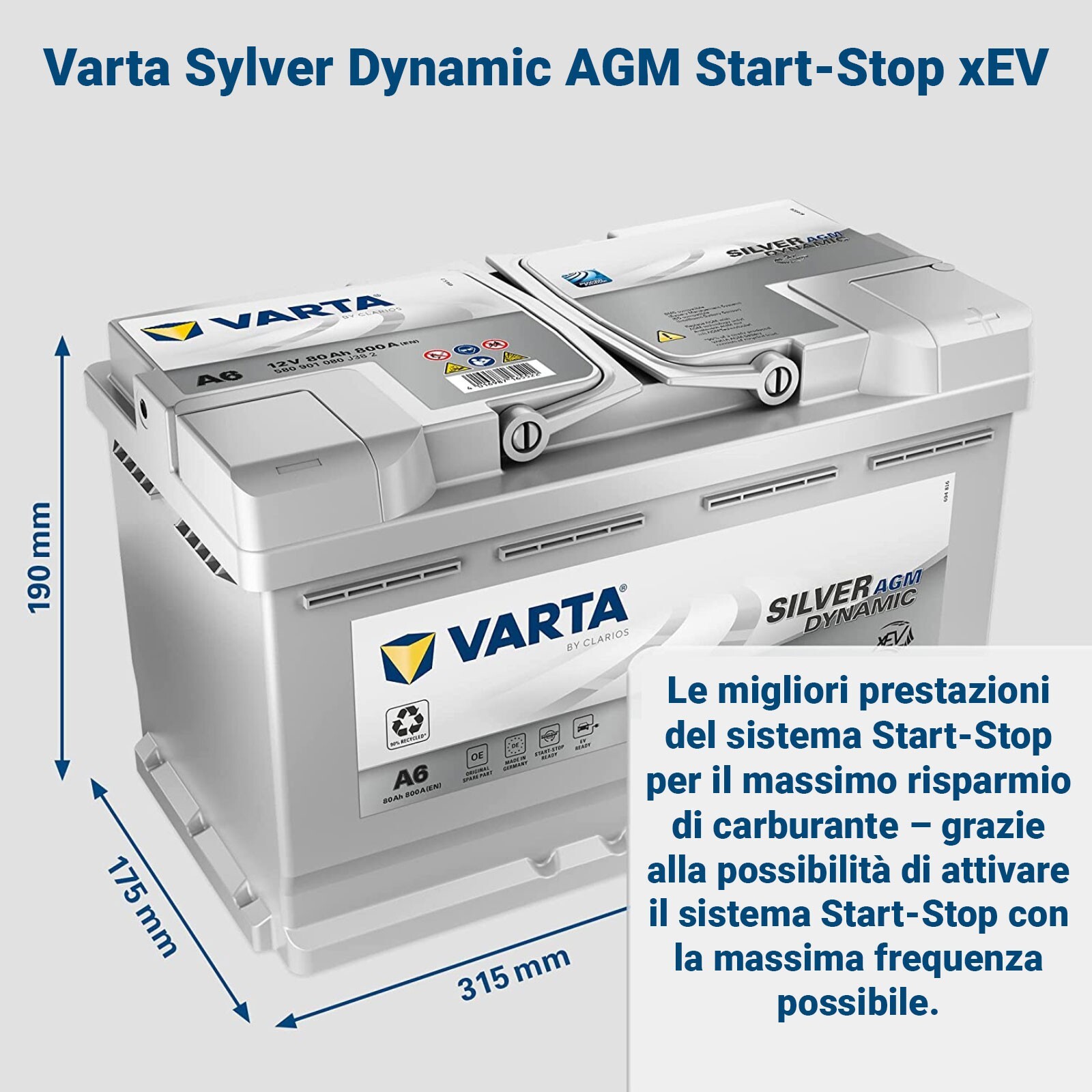 Varta 595901 AGM Start Stop 95AH 850A 353x175x190 mm Silver Dynamic