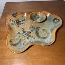 Chip And Dip Platter Stoneware Ceramic  Artisan Dragonfly Handmade Plate