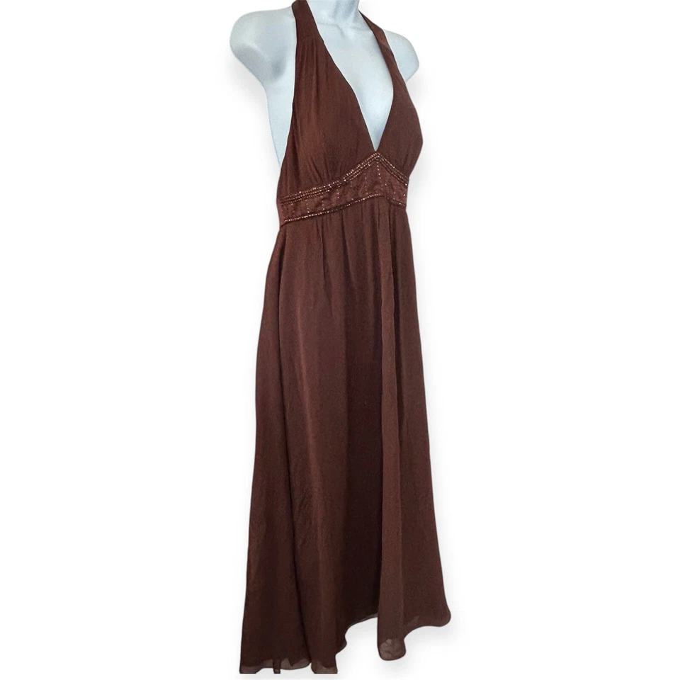 MAX и CLEO VTG Y2K 100% шелк коричневый бисером с бретелью через шею Midi выпускного вечера платье 8 новый без ЯРЛЫКОВ - Изображение 2 из 4
