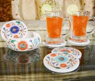Marvelous Marble Lapis Inlay Tea Coffee table Coaster Set Kitchen home Decor