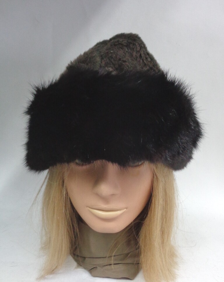 MINT BLACK MUSKRAT FUR & BROWN FAUX FUR HAT CAP WOMEN WOMAN SIZE 22\