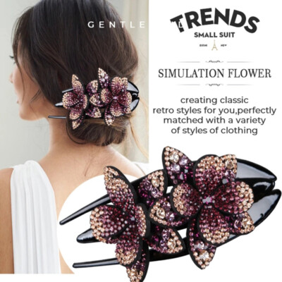 Rhinestone Double Flower Hair Clip Flexible Durable Women Hair