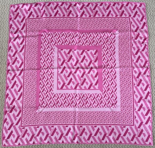 NWT Versace Greca Logo Greek Key Bubblegum Pink Silk Twill Square Scarf $595 - Picture 19 of 24