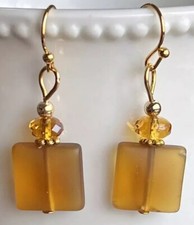 Beautiful Golden Crystal and Deep Amber Sea Glass Earrings.