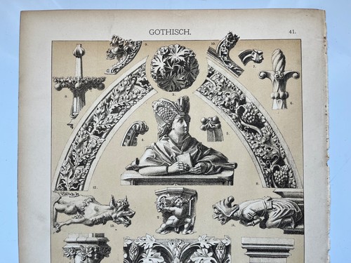 Gothic Architecture Sculpture Ornament genuine antique chromolithograph 1889 - Picture 2 of 6