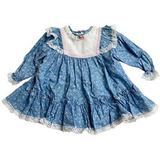 USA Vintage BRYAN Long Sleeve Ruffle Lace Trim Blue Floral Dress 18M Style 6601