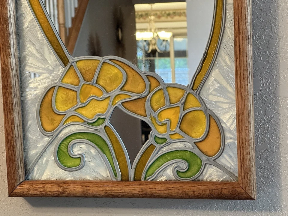 Vintage Stained Glass Flower Art Mirror Solid Oak Frame 19”x13” - Image 2 of 4