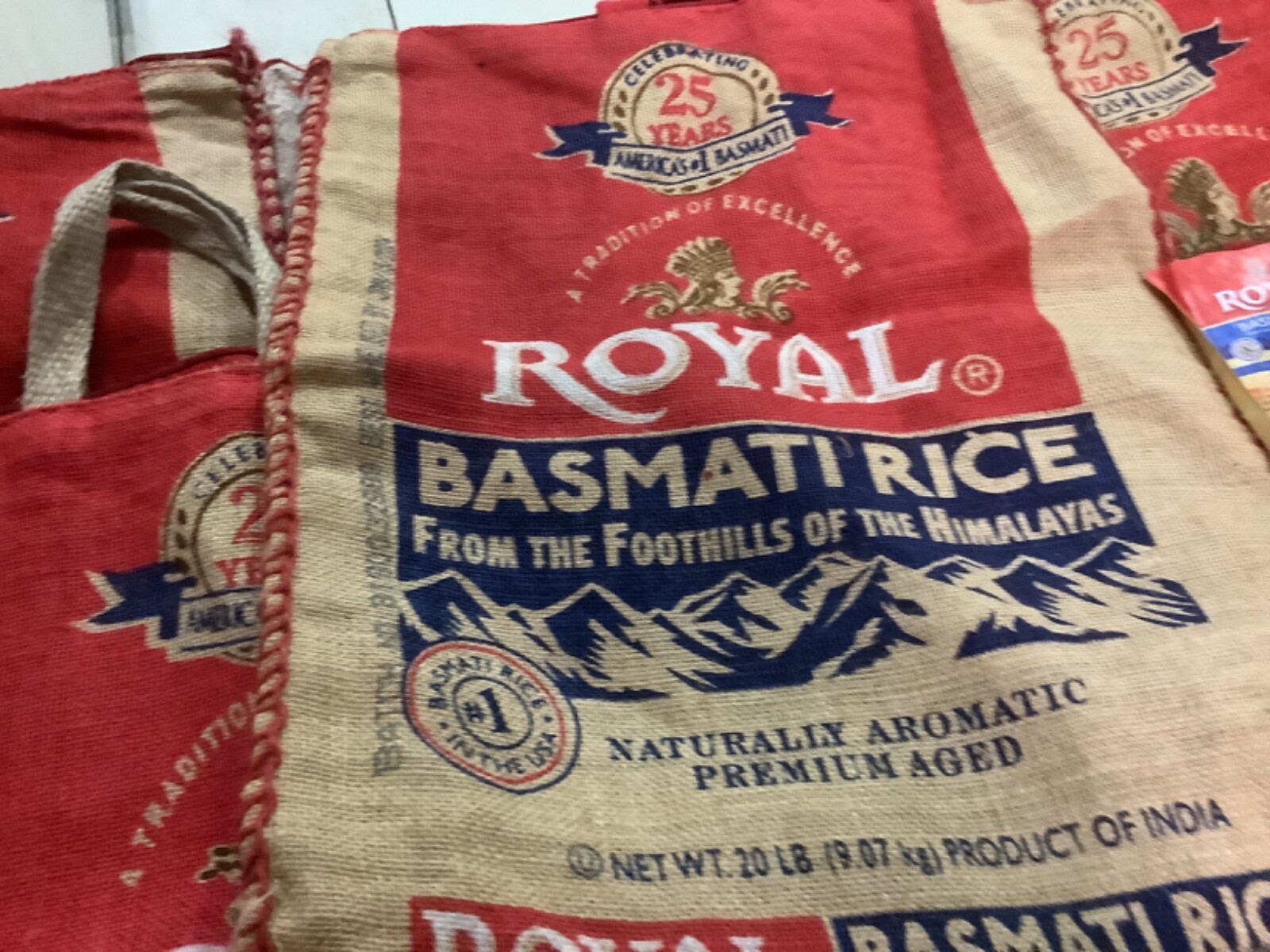 Burlap Basmati rice bag zipper & Handles 20 lb bags lot of 5 empty