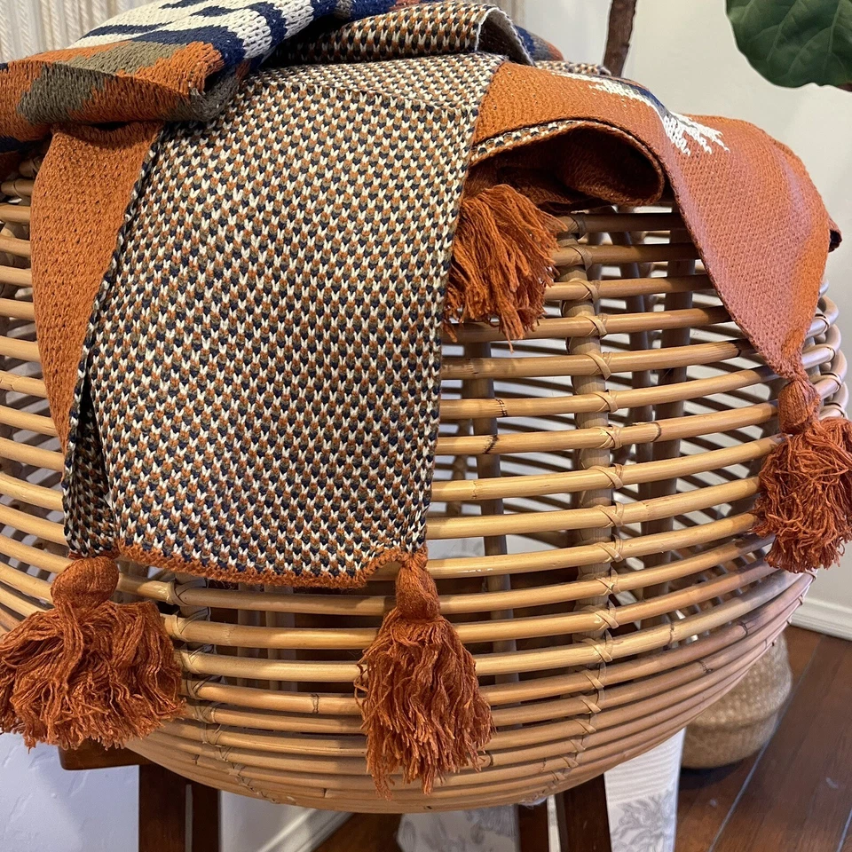 NEW Anthropologie Boho Tassled Geometric Aztec Throw Blanket Bedding - 80" x 60" - Image 3 of 4