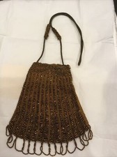 Antique Glass Bead Victorian Reticule Copper w/rope Drawstring Purse 44DX