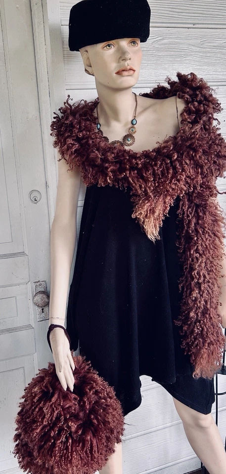 Винтажный шерстяной шарф-болеро с запахом «Дредлок» для ягнят коричневый 82 x 5 дюймов редкая распродажа недвижимости - Изображение 3 из 4