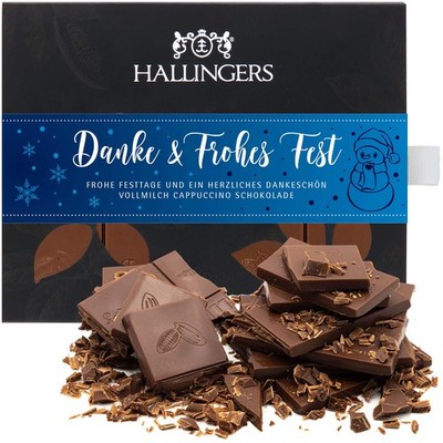 Hallingers Danke & Frohes Fest Vollmilch Edel-Schokolade mit Cappuccino, handgem