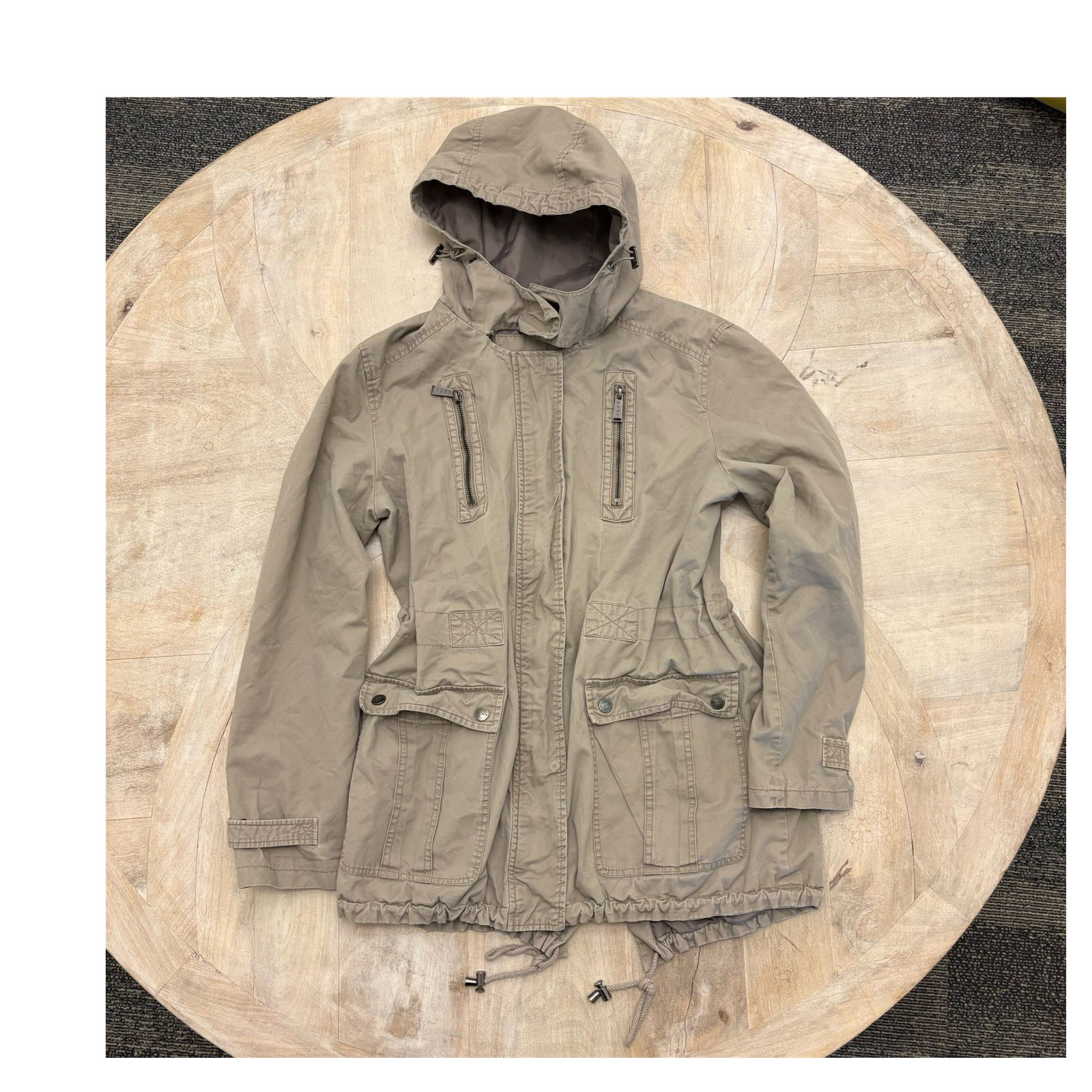 DKNY Women's Hooded Parka Jacket Beige Mid-Length Drawstring Pockets Size M
