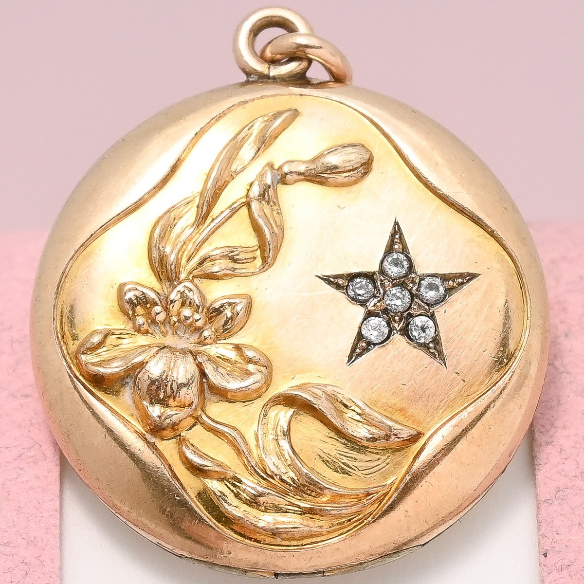 Antique Victorian Star Violet Flower Gold Filled Repousse Paste Pendant  Locket