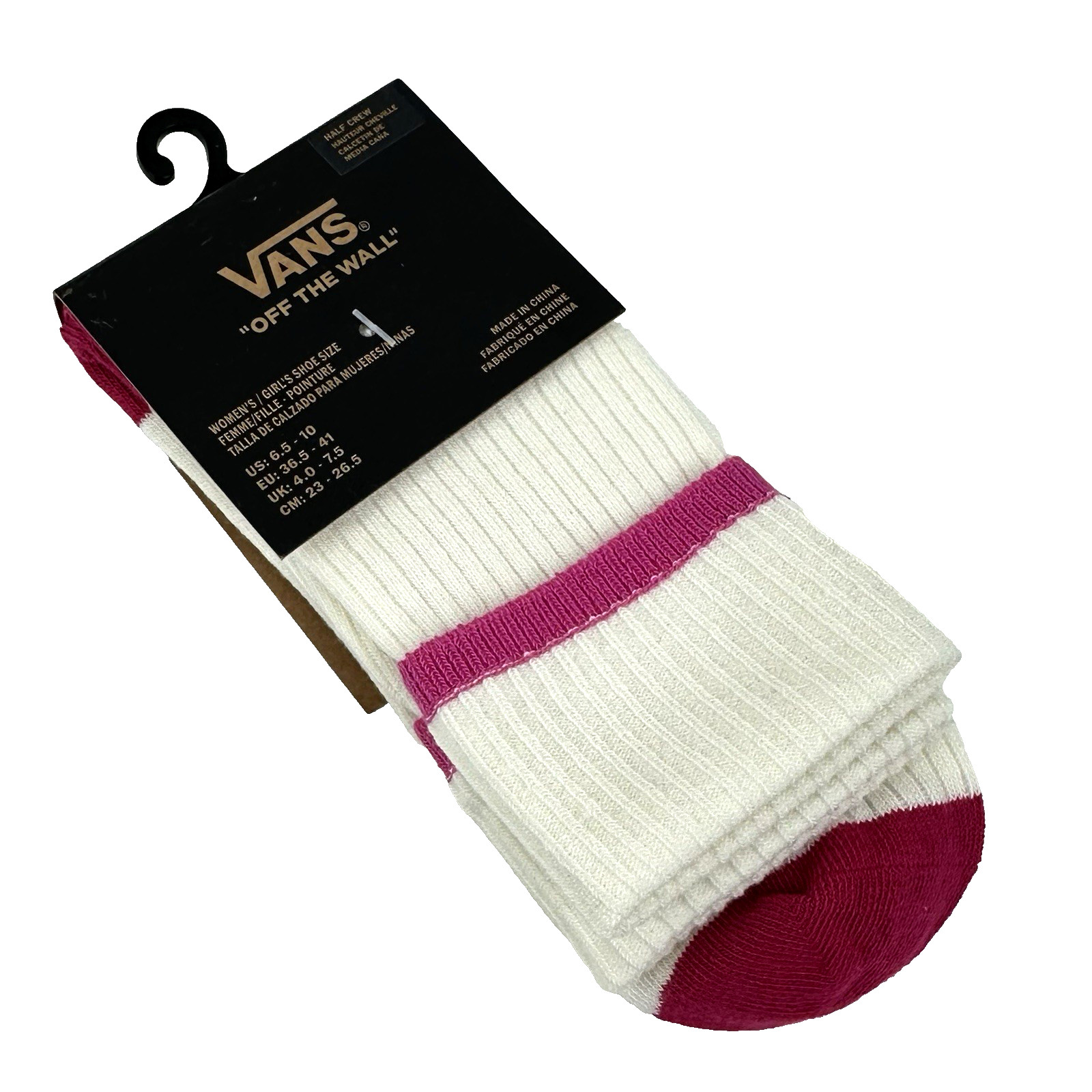 Vans Women Pink Half Crew Cotton Ribbed Cushion Logo Cuffed Socks Sz 6.5-10