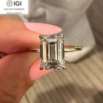 3Ct Emerald Cut IGI Certified Lab Grown Diamond Hidden Halo Ring 14k Yellow Gold