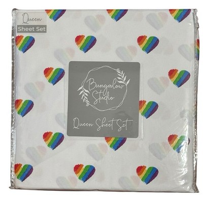 Bungalow Studio Rainbow Hearts Bedroom Bedding Queen Size Sheet Set 4pc
