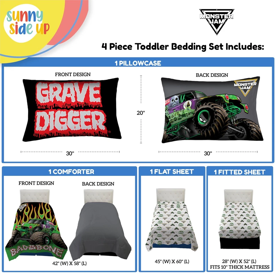 Juego de edredón Monster Jam - 4 piezas ropa de cama preescolar incluye edredón, ella... Foto 3 de 4