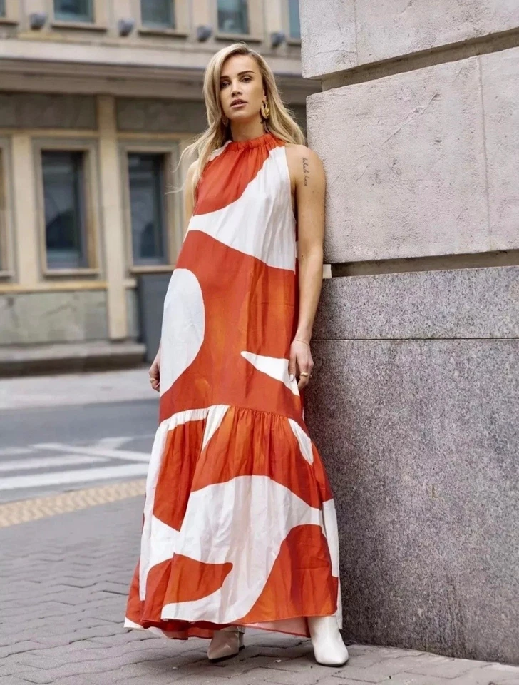 Maxi Vestido H&M Cuello Hater Voluminoso Rojo Estampado L 14 Nuevo con Etiquetas Foto 2 de 3