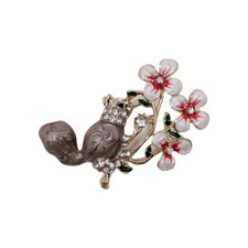 Squirrel And Flowers Brooch Pin - Enamel and Rhinestones