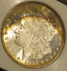 1884 O Morgan Silver Dollar -BU, Crescent shaped rainbow toning obv, 5144-3