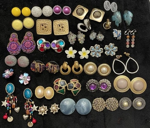 33 Pair Clip On Earrings Lot Costume Jewelry Vtg Retro
